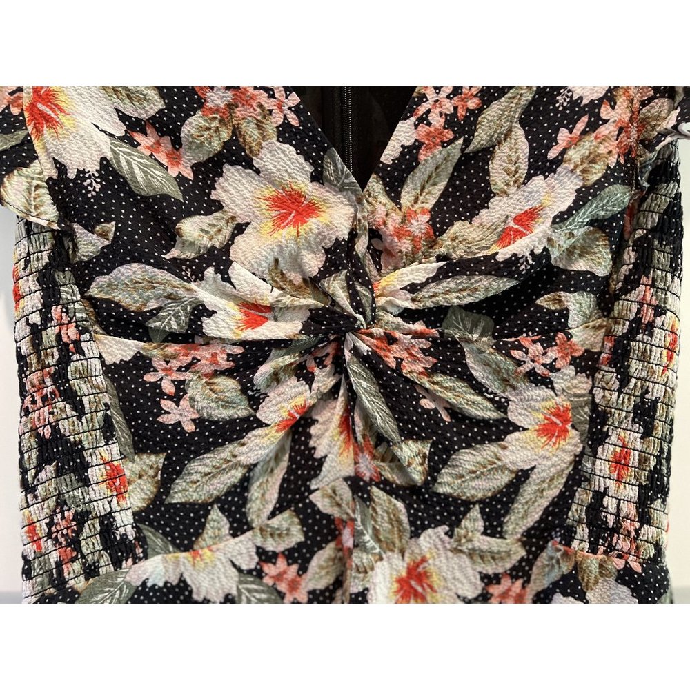 Rebecca Taylor Kamea Smocked Floral Flutter-Sleeve V-Neck Stretch Silk Dress - Picture 5 of 7